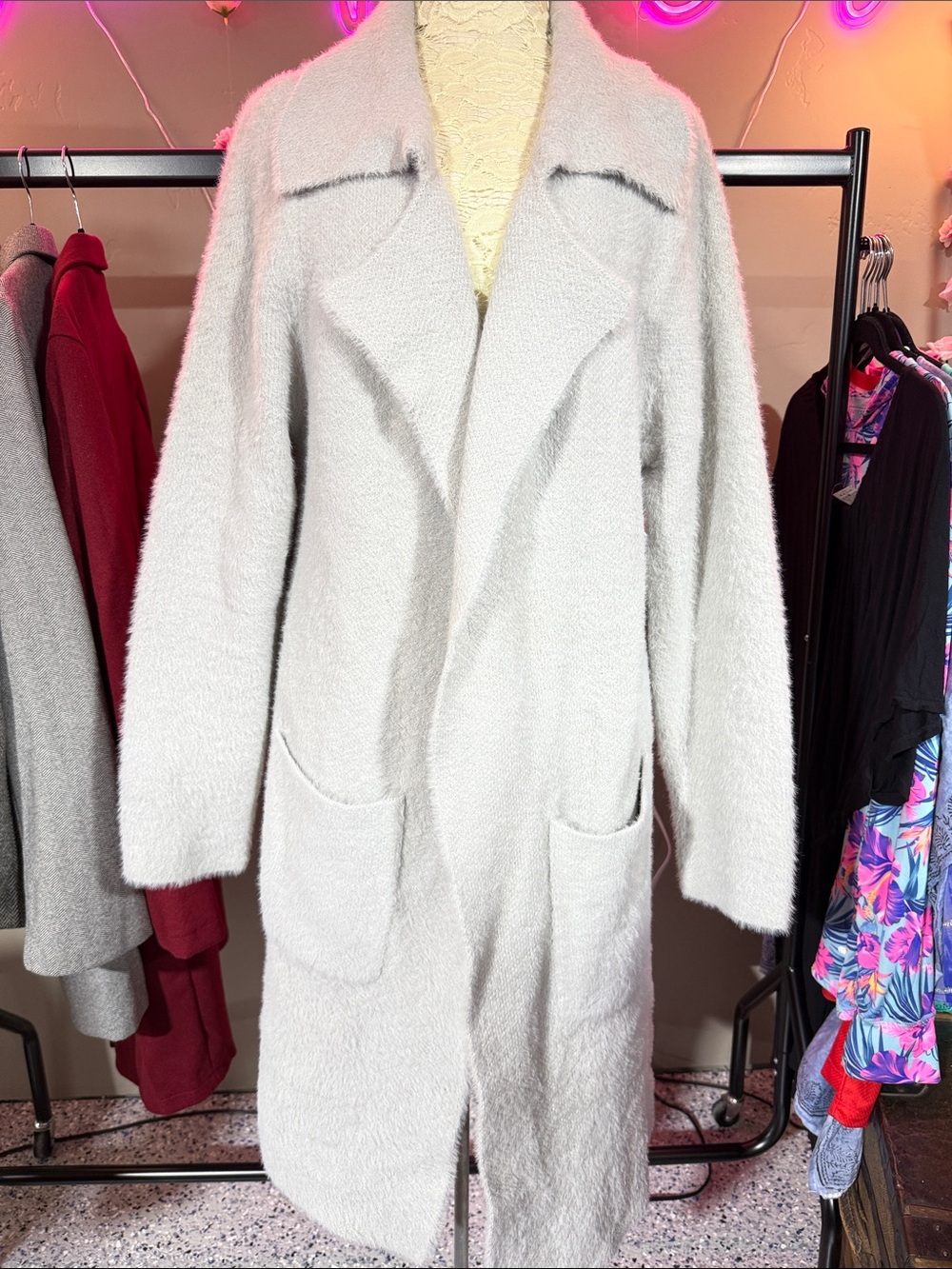 Plush Open-Front Long Women's Sweater/Coat in Light Gray